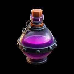 Glossy glass potion bottle filled with vibrant purple liquid, warm highlights, dark background, perfect for game or fantasy projects