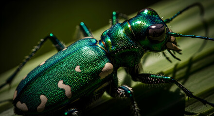 Fototapeta premium Emerald Jewel: A Close Encounter With a Stunning Tiger Beetle
