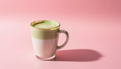 Matcha latte in a glass cup with a pink background for healthy beverage concept