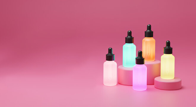 Glowing serum bottles on vibrant pink background