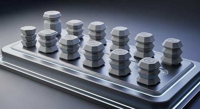 Set of organized hexagonal dumbbells on a sleek fitness rack against a modern dark background for gym equipment concept