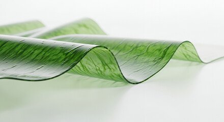 Algae textile concept featuring lightweight translucent green fabric made from seaweed polymers on white surface