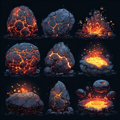 Set of stylized volcanic rocks and lava pools in glowing orange, yellow, and dark gray colors, perfect for game or animation design