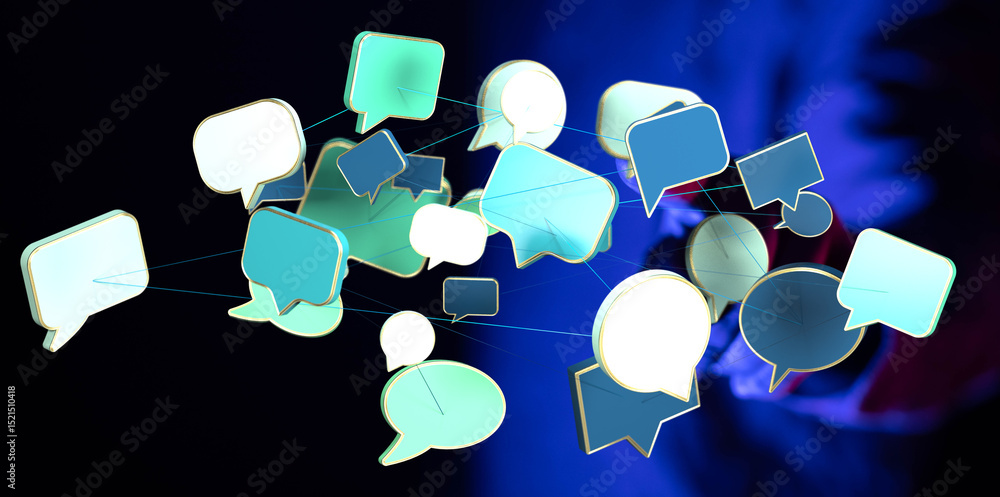 Poster abstract image of interconnected speech bubbles, symbolizing global communication and networking.