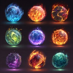 Set of glowing elemental spheres with fire, water, earth, and ice effects in vivid blue, orange, green, and red tones for game design
