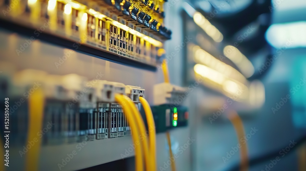 Poster close-up of network cables connected to a server in a data center, with glowing indicator lights.
