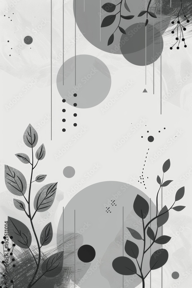 Poster a stylish monochrome design that features abstract botanical elements alongside circular shapes in h