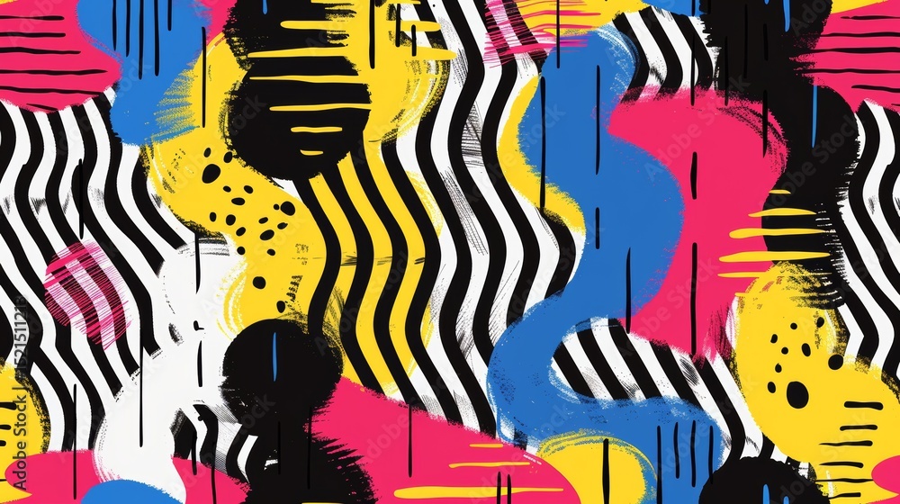 Poster a vibrant and lively abstract design featuring bold shapes and intricate patterns set against a clea