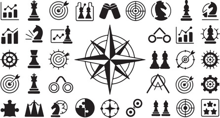 Strategic planning and business success icons: chess pieces, targets, graphs, and compasses