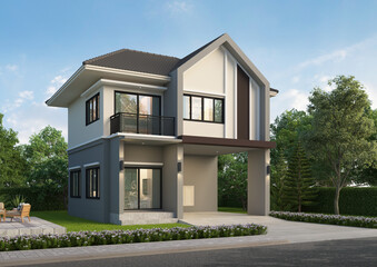 Modern house exterior day light with lawn grass.3d rendering