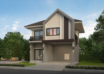 Modern house exterior day light with lawn grass.3d rendering