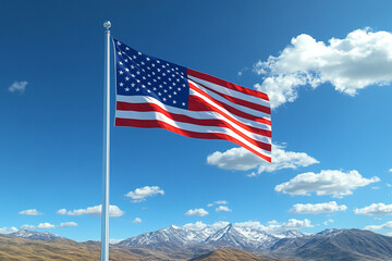 American Flag Waving in Wind Above Snowy Mountains Against Blue Sky with White Clouds