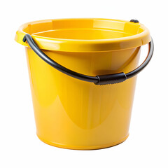 Vibrant yellow bucket with black handle isolated on a clean white background