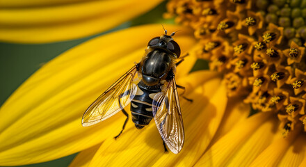 Hoverfly Visiting A Bright Yellow Sunflower On A Sunny Summer Day