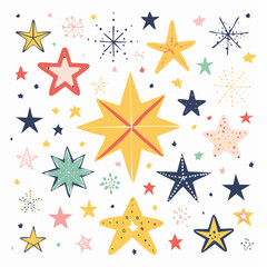 Vector set of hand drawn stars, design elements, badges, stickers, geometric figures - abstract background elements for branding, packaging, prints and social media posts