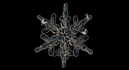 Detailed Snowflake Close Up Against Dark Backdrop With Light Reflection