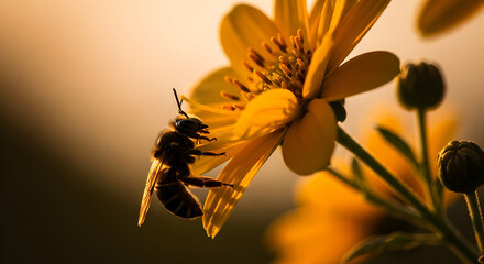 Bee Gathering Nectar From a Vibrant Yellow Flower in Golden Light