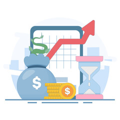 Savings and investment concept, prosperity, Investment Grows with Money Bag. long term investment. Wealth Grows with Dollar Coins, Money Bag. flat design illustration in background.