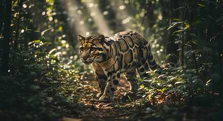 Clouded Leopard Strolling Through a Tropical Forest Under Shimmering Sunlight