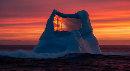 Majestic Iceberg In Ocean With Dramatic Sunset Sky Reflection