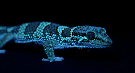 Portrait Of A Vibrant Gecko Glowing Under Ultraviolet Light On Black Surface