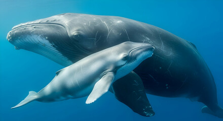 Humpback Mother Whale Protecting Her Calf In the Blue Ocean Depths
