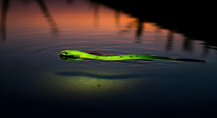 Emerald Serpent Drifting Elegantly Across A Twilight Reflective Water Surface