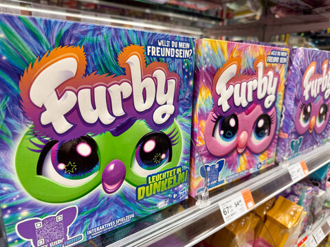 Bad Hersfeld, Germany, 06.03.25. Colorful Furby Toy Packaging on Store Shelf Display