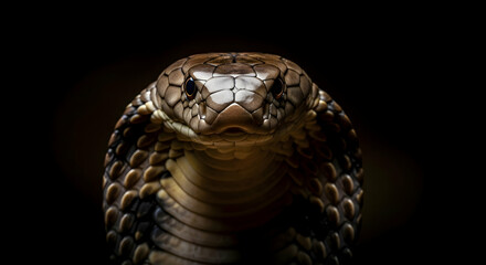 King Cobra Stares Down in High Detail Capturing Scales on Dark Backdrop