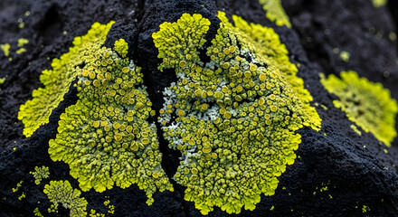 Bright Yellow Lichen Growing on Dark Volcanic Rock Background Texture