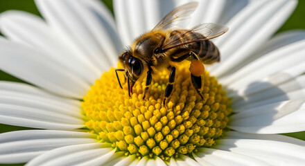 Busy Bee Collecting Pollen from Daisy Blossom During a Sunny Day