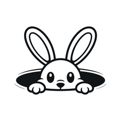 Cute Cartoon Rabbit Peeking Out of a Hole Black and White Vector Illustration Easter Bunny Spring Burrow Animal Isolated on White
