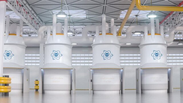 concept of a SMR small modular nuclear reactor power plant on a sunny day. SMR is a future energy concept. 3d rendering.