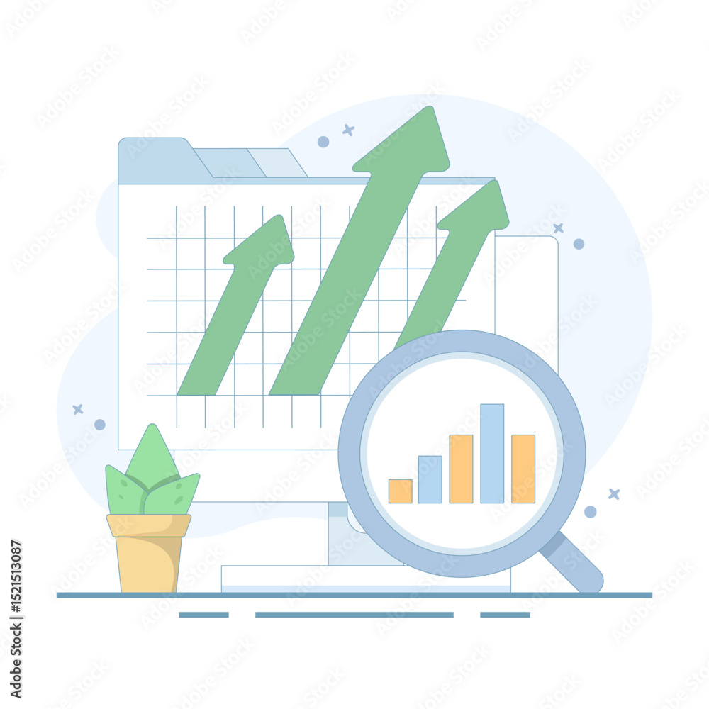 Poster business data analysis concept. magnifying glass on bar chart with arrow pointing up, business finan