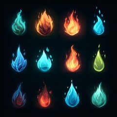 Set of glowing elemental icons with fire, water, ice, and crystal effects, in vibrant blue, orange, and purple colors, ideal for game UI