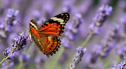 Obraz premium Painted Lady Butterfly Gathering Nectar on Lavender Flowers in Summer Garden