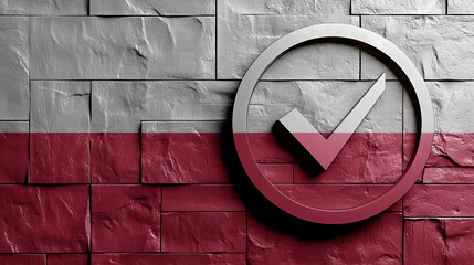 A checkmark symbol is superimposed on the Polish flag. The checkmark and flag are set against a textured wall background.