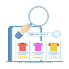 Find product concept. Search feature to find and compare products online. Search in web stores or online shopping. Price quotes, seller information. Flat design illustration.
