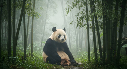 Peaceful Panda Sitting Calmly Among the Tranquil Bamboo Forest During Misty Weather