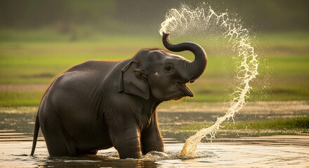 Joyful Elephant Bathing in Pond Spraying Water with Trunk Upwards