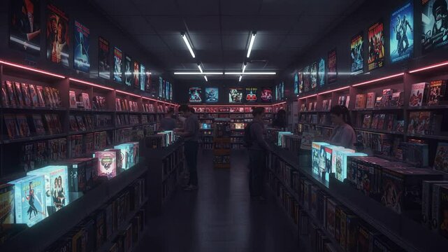 A retro video store with people browsing under neon lights