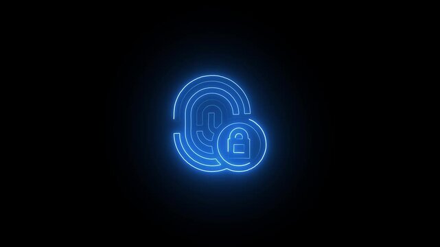 Neon Blue Lock Icon Illuminating Brick Background. Shiny Blue Neon Lock Graphic on Gritty Brick Wall. Secure Access Icon Glowing in Blue on Dark Bricks.
