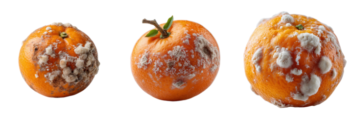 Spoiled oranges discovered in a kitchen food photography indoor macro on transparent background
