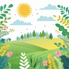 Obraz premium Vector illustration in trendy flat simple style - spring and summer background with copy space for text - landscape with plants, leaves, flowers - background for banner, greeting card, poster .