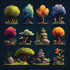 Set of stylized fantasy trees, rocks, and mushrooms in vibrant autumn and spring colors, perfect for game, animation, or illustration design