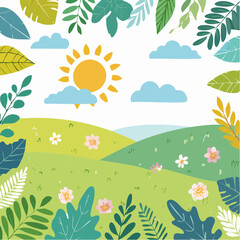 Obraz premium Vector illustration in trendy flat simple style - spring and summer background with copy space for text - landscape with plants, leaves, flowers - background for banner, greeting card, poster .