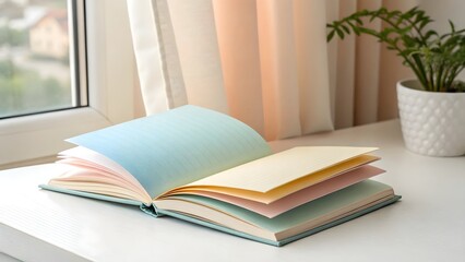 An open book lies on a white surface. The pages are a gradient of pastel colors, ranging from light teal to pale peach and yellow.