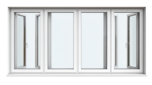 Open Window Frame: White window frame with partially open windows on side, casting soft light into room