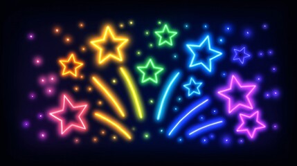 Neon glowing star fireworks in yellow, green, blue, and pink on dark background, perfect for celebration, party, or festive design