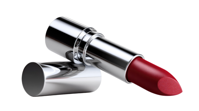 Crimson Allure: A close-up shot of a luxurious lipstick with a vibrant red hue, perfect for adding a touch of glamour and confidence to any look. 